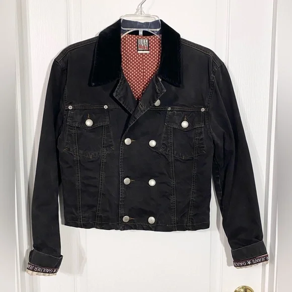 90s Jean Paul Gaultier Jeans Velvet Collar Cropped Denim Jacket Vintage Black S